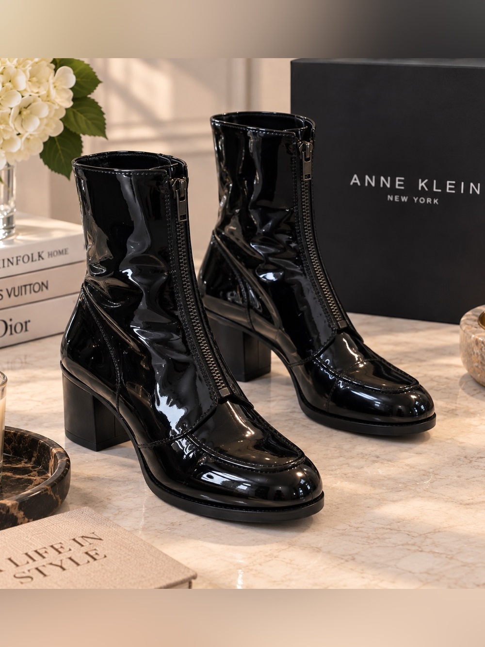 Anne Klein || Black Patent Front-Zip Ankle Booties